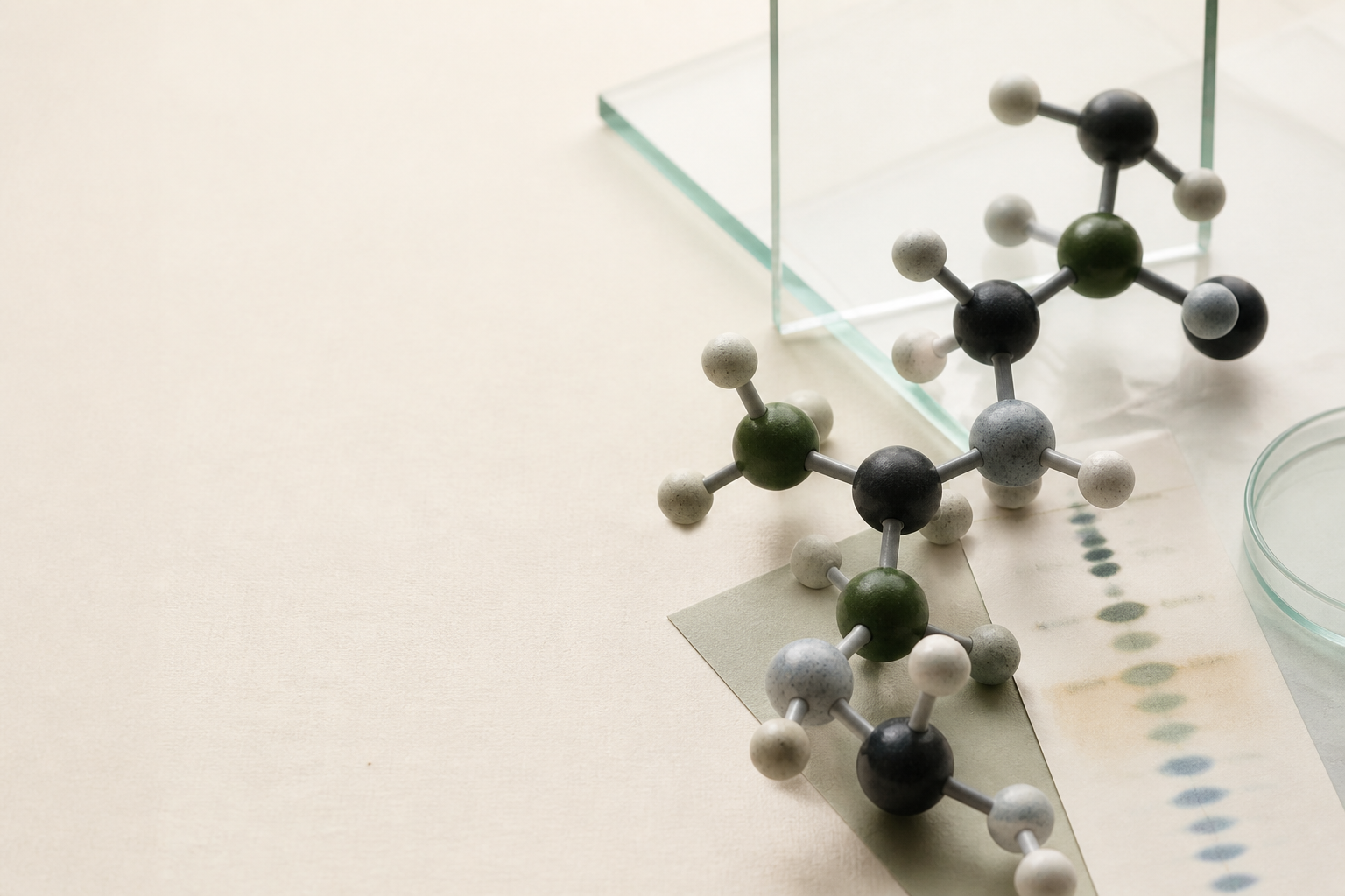 Redaktionelles Stillleben mit einem abstrakten Molekülmodell, Glasflächen und einer analytischen Papierprobe